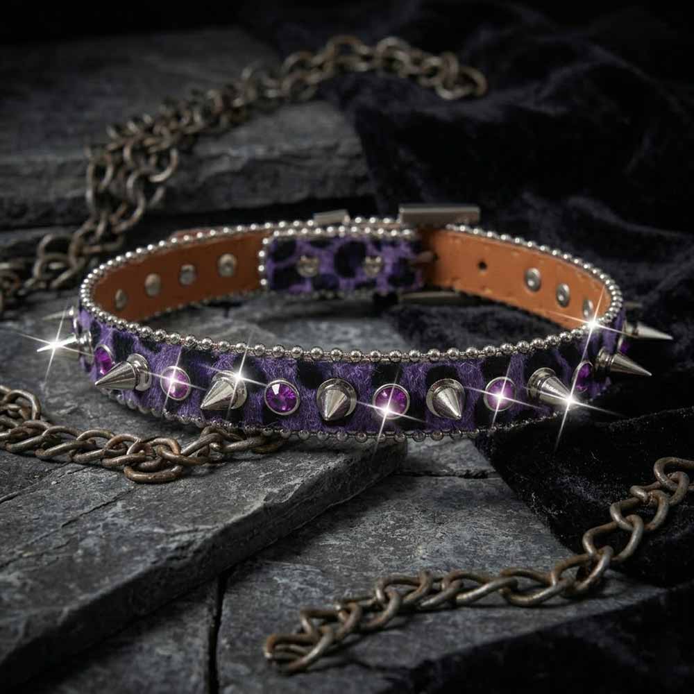 Punk Y2K Leopard Spiked Rhinestone Choker Necklace