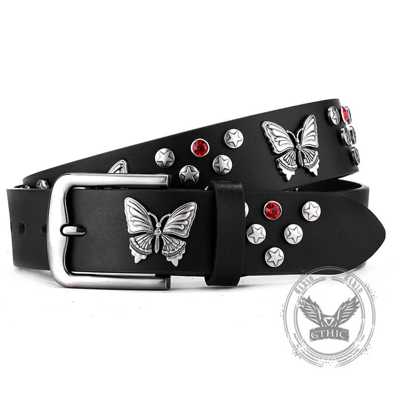 Punk Y2K Rhinestone Butterfly PU Leather Belt | Gthic.com
