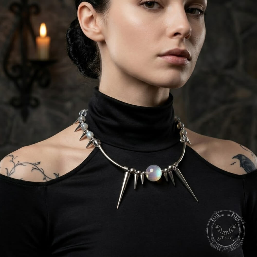 Punk Y2K Studded Gemstone Beaded Stainless Steel Necklace | Gthic.com