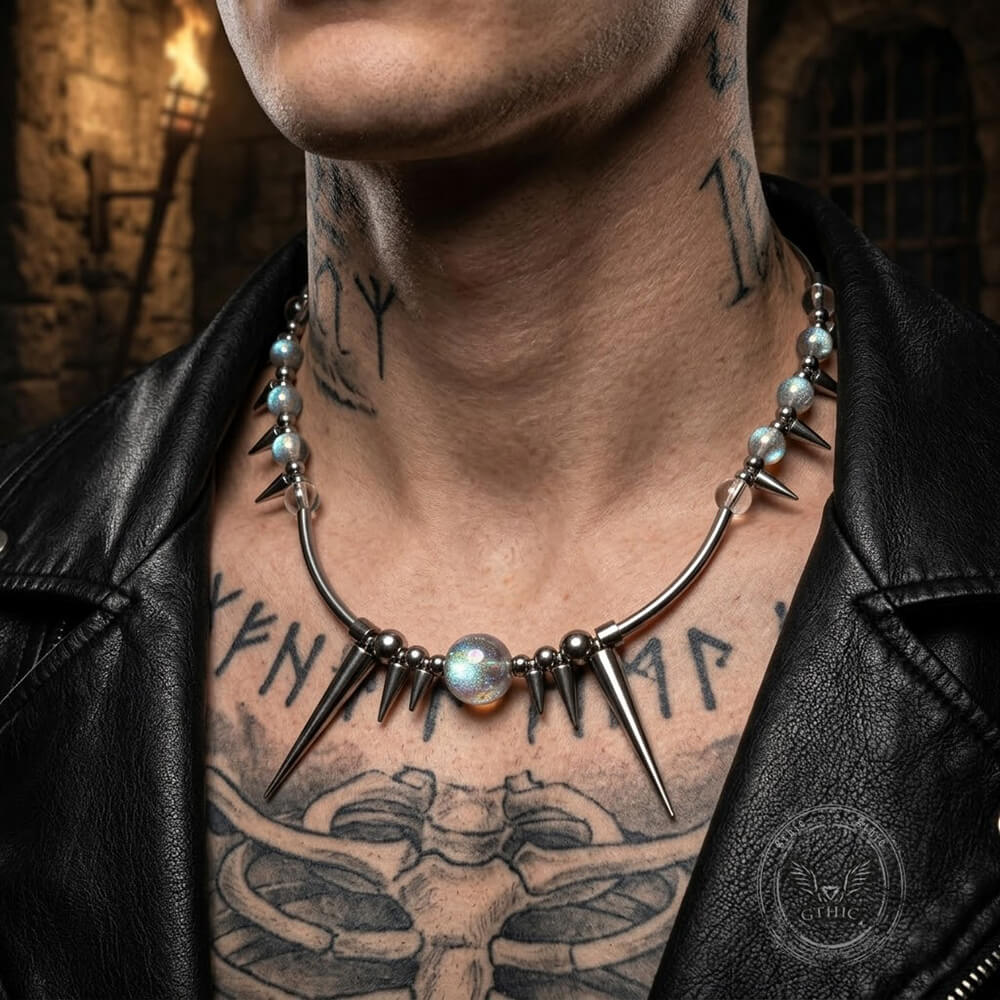 Punk Y2K Studded Gemstone Beaded Stainless Steel Necklace | Gthic.com