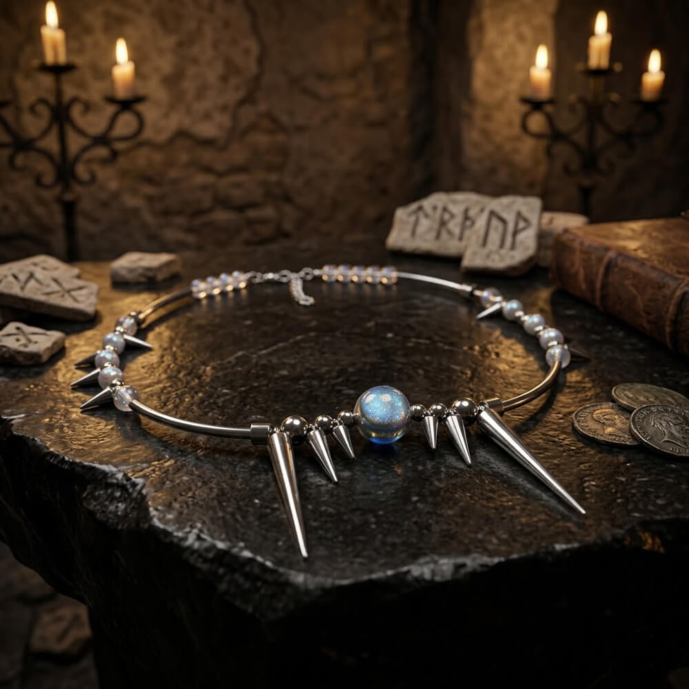 Punk Y2K Studded Gemstone Beaded Stainless Steel Necklace | Gthic.com