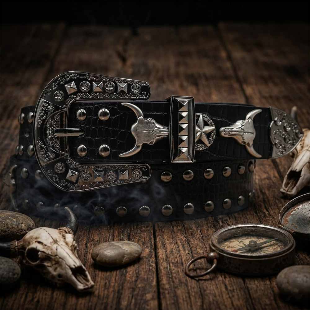 Punk Y2K Western-Style Rivet Bull Star PU Leather Belt | Gthic.com