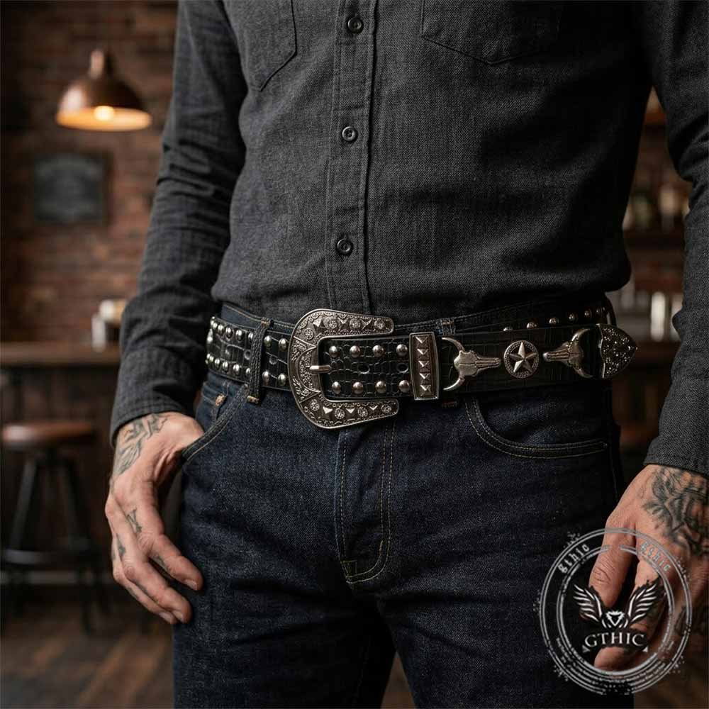 Punk Y2K Western-Style Rivet Bull Star PU Leather Belt | Gthic.com