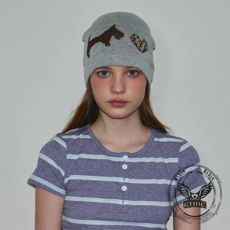 Puppy Heart Jacquard Wool Blend Knitted Beanie Hat | Gthic.com