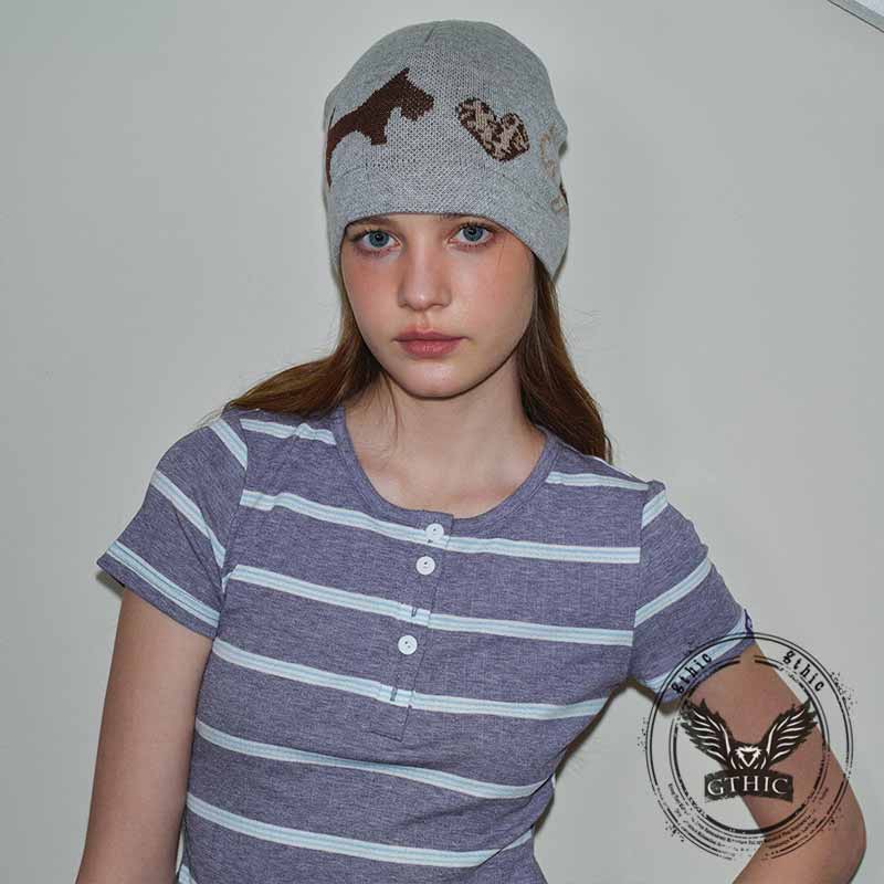Puppy Heart Jacquard Wool Blend Knitted Beanie Hat