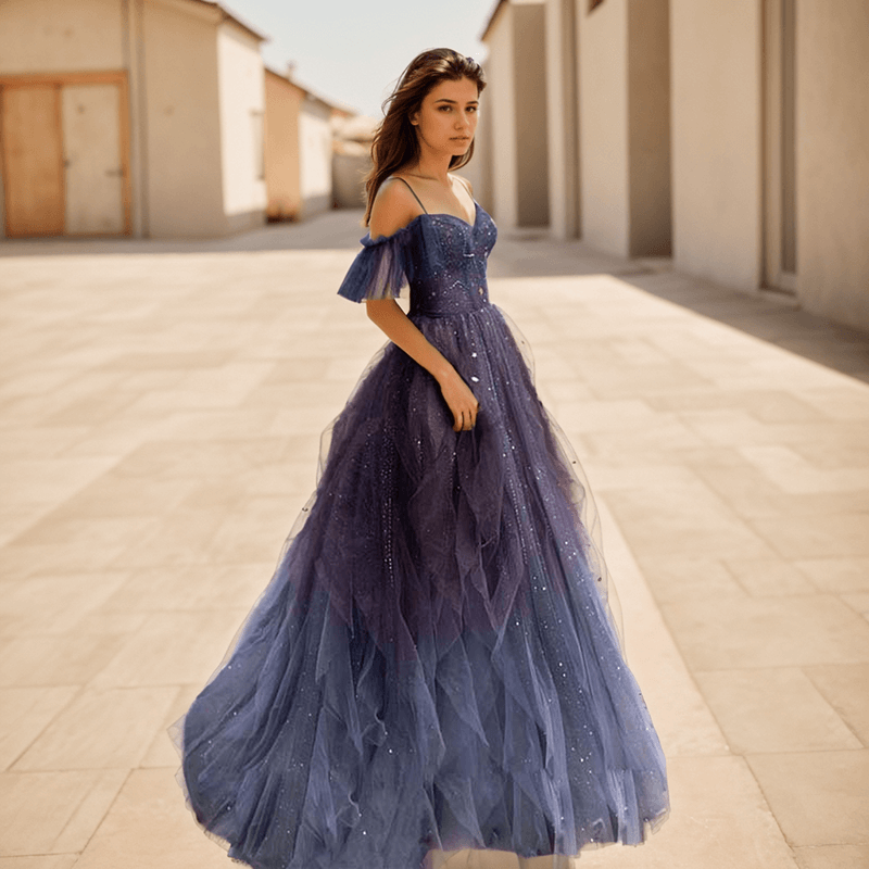 Purple Off The Shoulder Tulle Evening Dress | Gthic.com