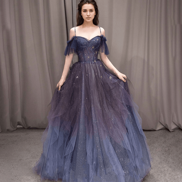 Purple Off The Shoulder Tulle Evening Dress | Gthic.com
