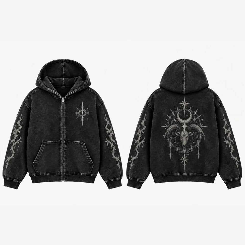 Ram Skull Moon Vintage Washed Zip-Up Hooded Jacket | Gthic.com