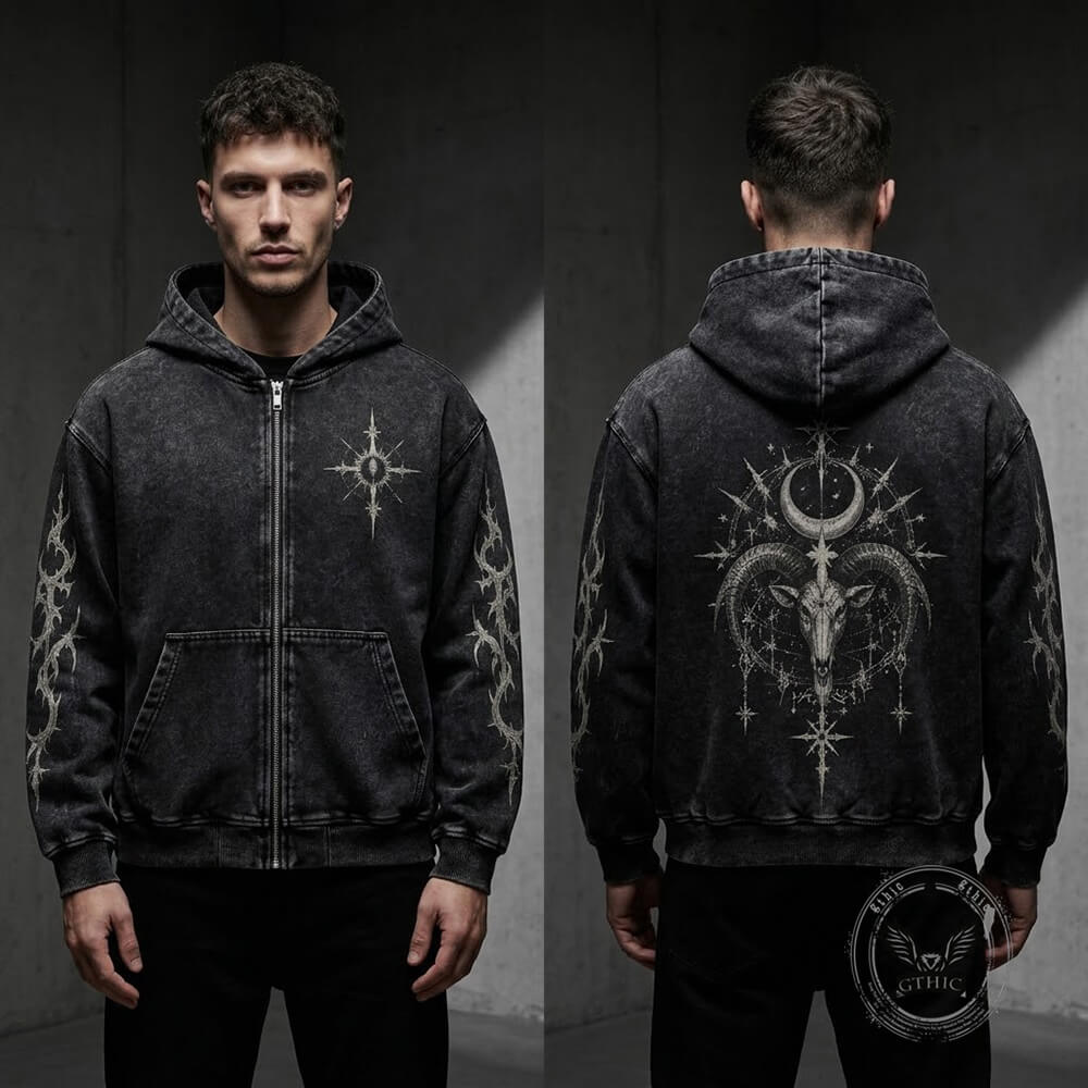 Ram Skull Moon Vintage Washed Zip-Up Hooded Jacket | Gthic.com