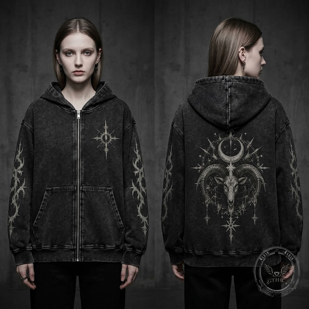 Ram Skull Moon Vintage Washed Zip-Up Hooded Jacket | Gthic.com