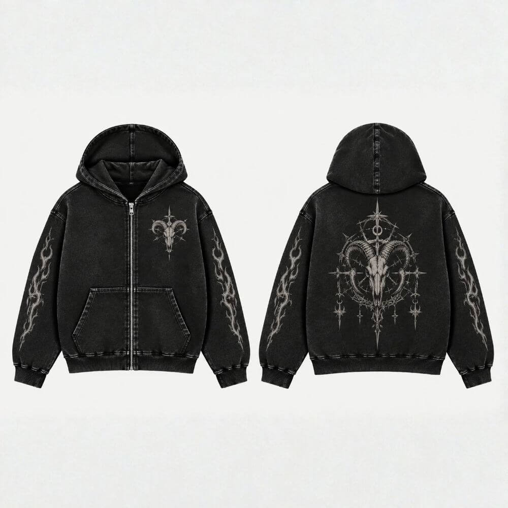 Ram Skull Vintage Washed Zip-Up Hooded Jacket | Gthic.com