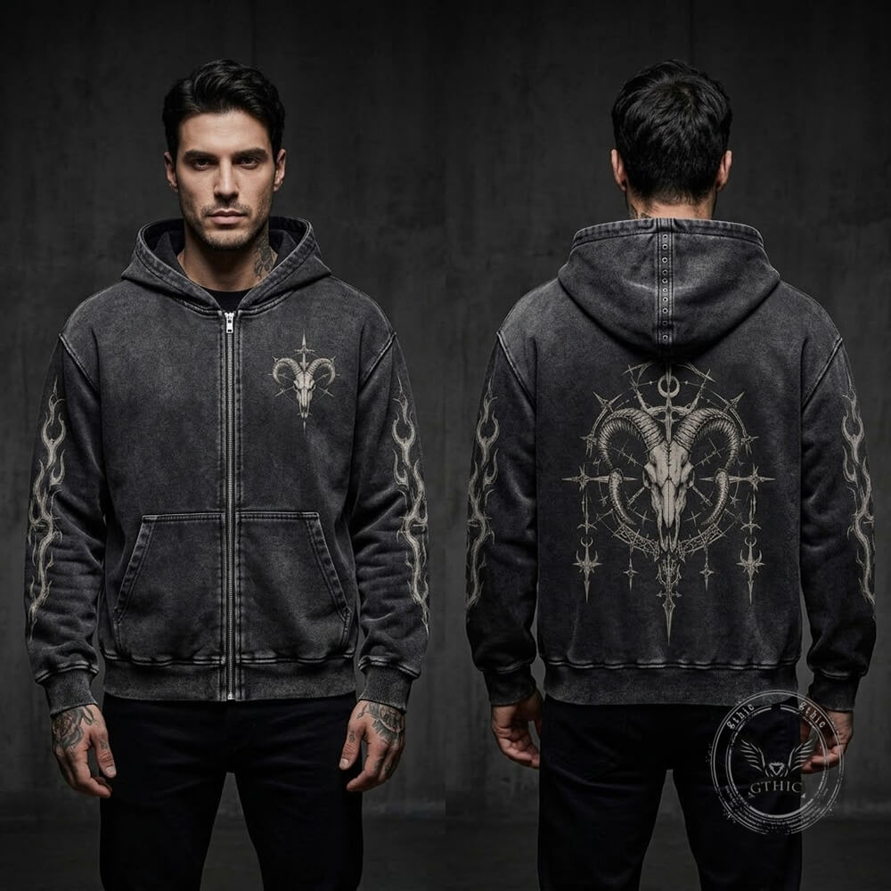 Ram Skull Vintage Washed Zip-Up Hooded Jacket | Gthic.com