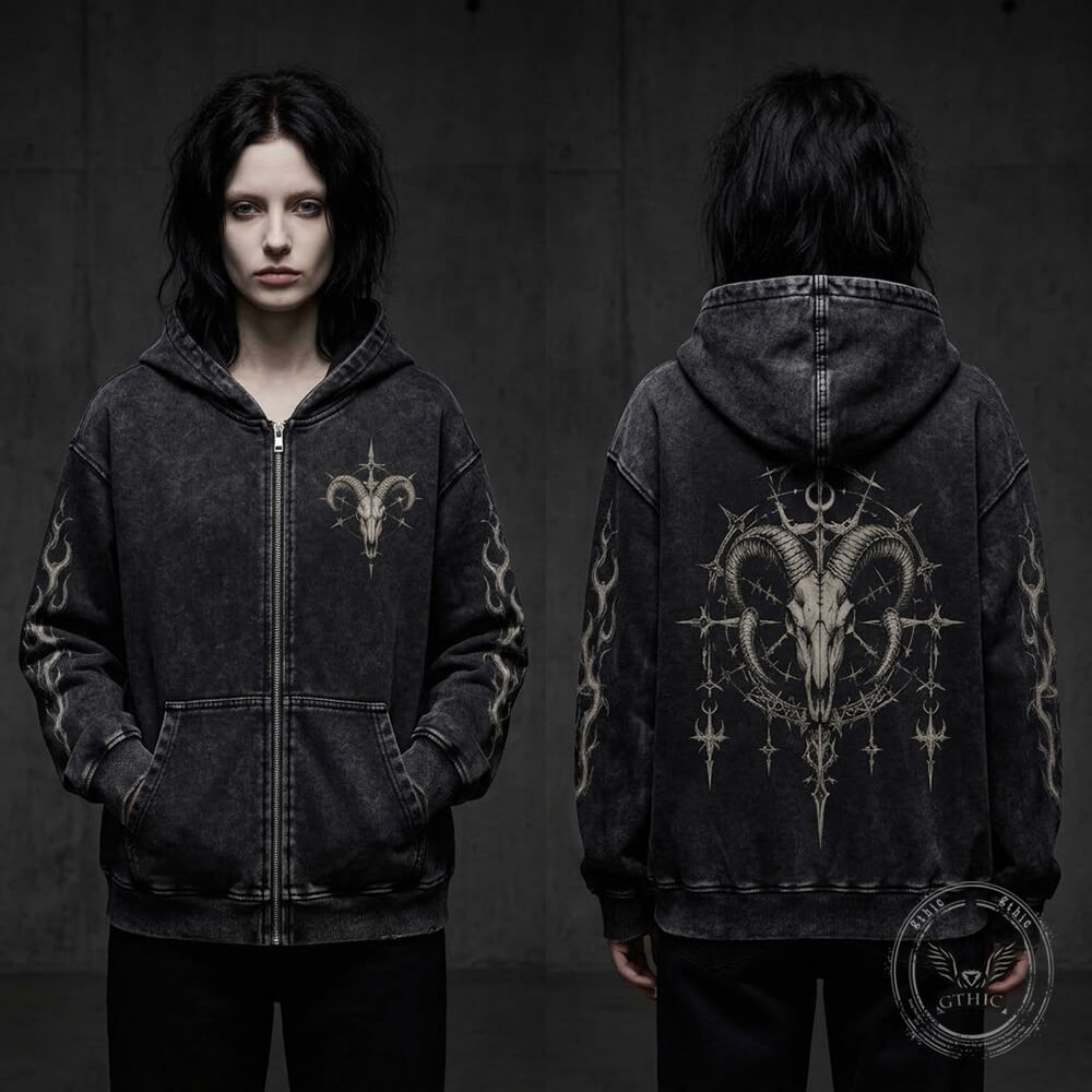 Ram Skull Vintage Washed Zip-Up Hooded Jacket | Gthic.com