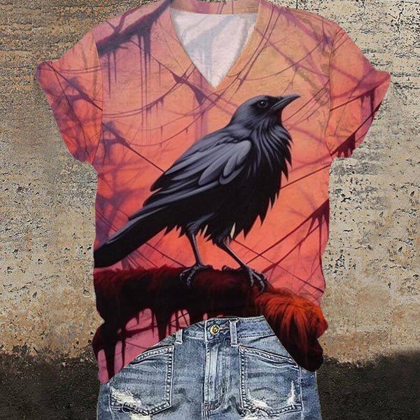 Raven Twilight Print V-Neck Gothic T-Shirt