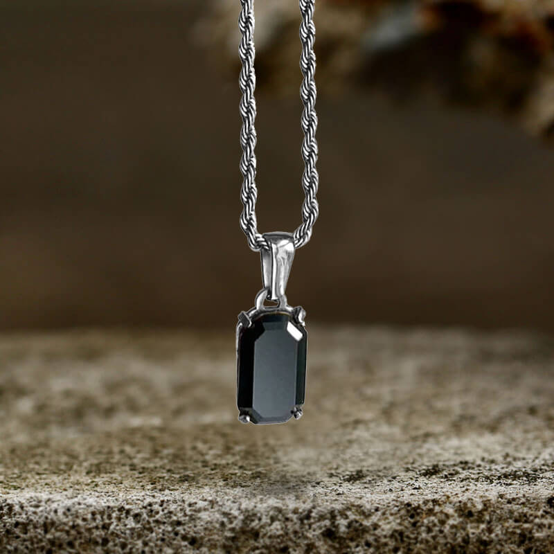 Rectangular Black Zircon Cuban Chain Stainless Steel Pendant | Gthic.com