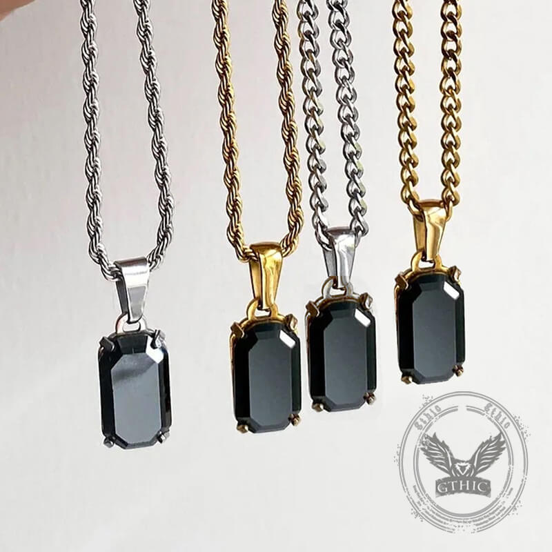 Rectangular Black Zircon Cuban Chain Stainless Steel Pendant | Gthic.com