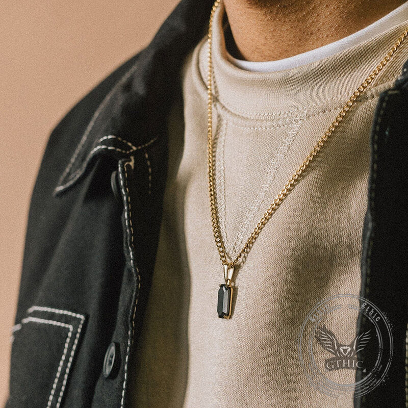 Rectangular Black Zircon Cuban Chain Stainless Steel Pendant | Gthic.com