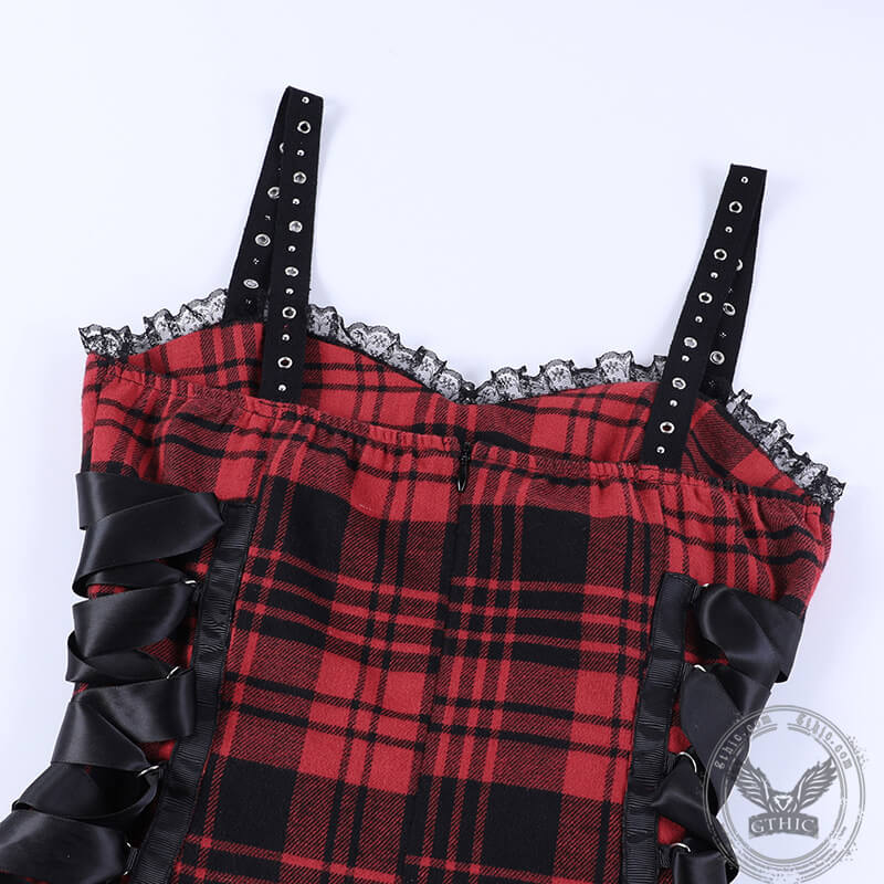 Red And Black Plaid Lace-Up Dress