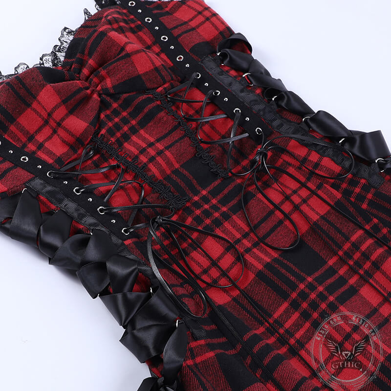 Red And Black Plaid Lace-Up Dress