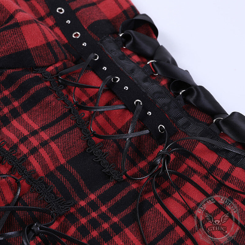 Red And Black Plaid Lace-Up Dress