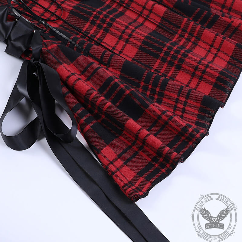 Red And Black Plaid Lace-Up Dress