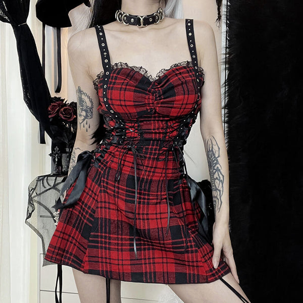 Red And Black Plaid Lace-Up Dress | Gthic.com