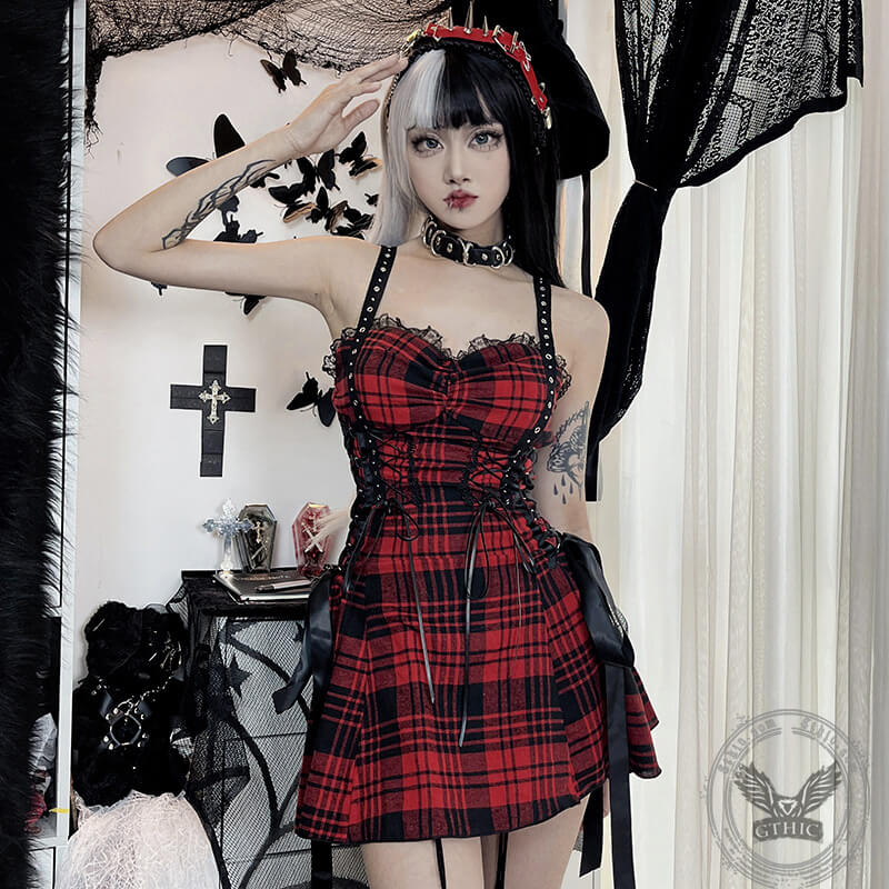 Red And Black Plaid Lace-Up Dress