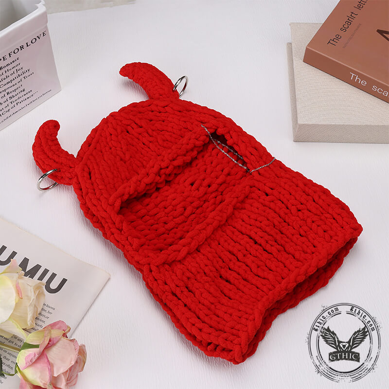 Red Devil Horns Knit Balaclava Hat