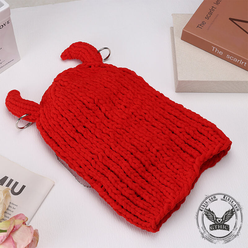 Red Devil Horns Knit Balaclava Hat