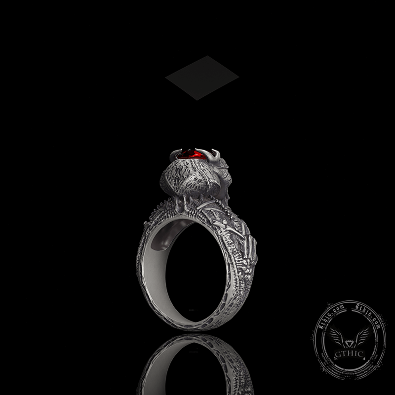 Red Eyed Demon Skull Sterling Silver Ring | Gthic.com