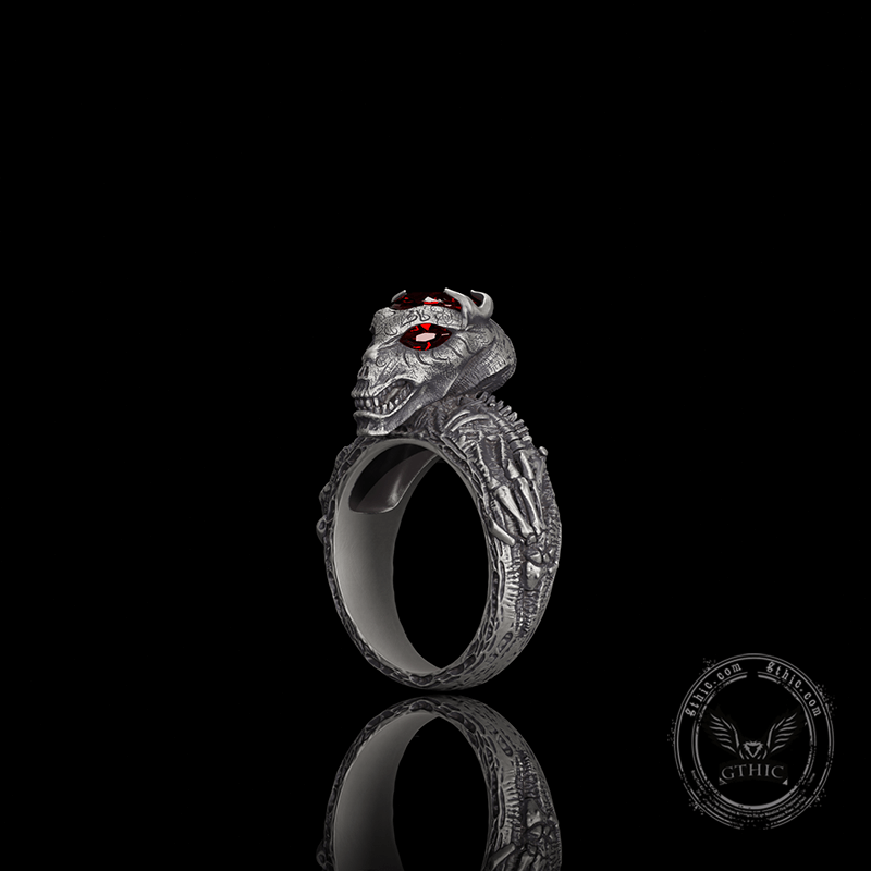 Red Eyed Demon Skull Sterling Silver Ring | Gthic.com