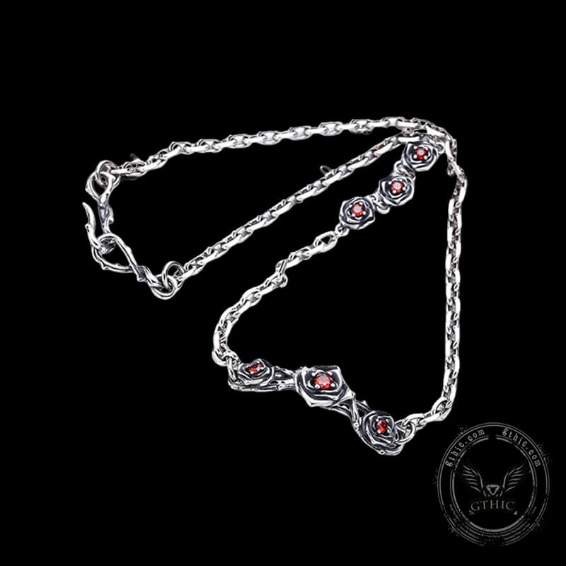Red Gem-Set Roses Sterling Silver Necklace