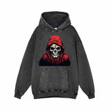 Red Hoodie Skeleton Pattern Vintage Washed Hoodie 01 | Gthic.com