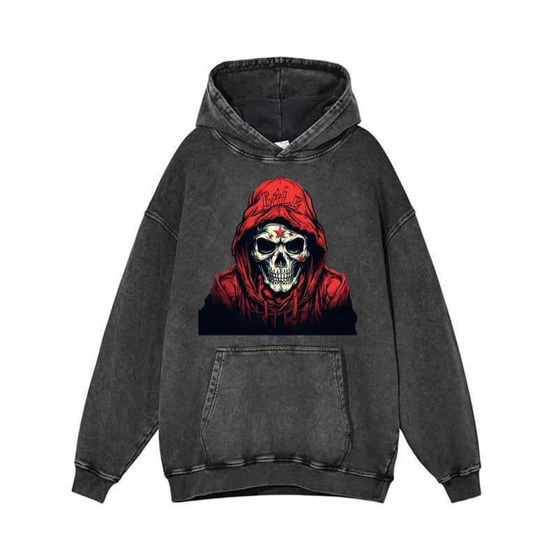 Red Hoodie Skeleton Pattern Vintage Washed Hoodie 01 | Gthic.com