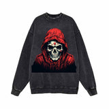 Red Hoodie Skeleton Pattern Vintage Washed Sweatshirt 01 | Gthic.com