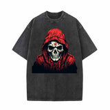 Red Hoodie Skeleton Pattern Vintage Washed T-shirt 01 | Gthic.com