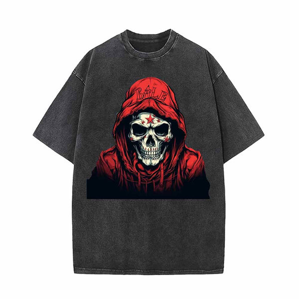 Red Hoodie Skeleton Pattern Vintage Washed T-shirt 01 | Gthic.com