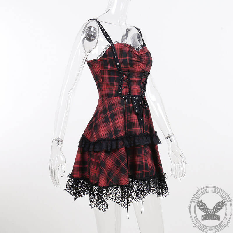 Red Plaid Lace Gothic Mini Dress – GTHIC