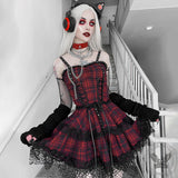 Red Plaid Lace Gothic Mini Dress