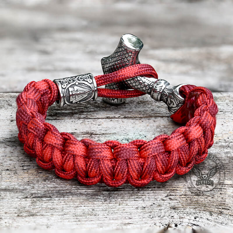 Red Thor’s Hammer Valknut Stainless Steel Paracord Bracelet | Gthic.com