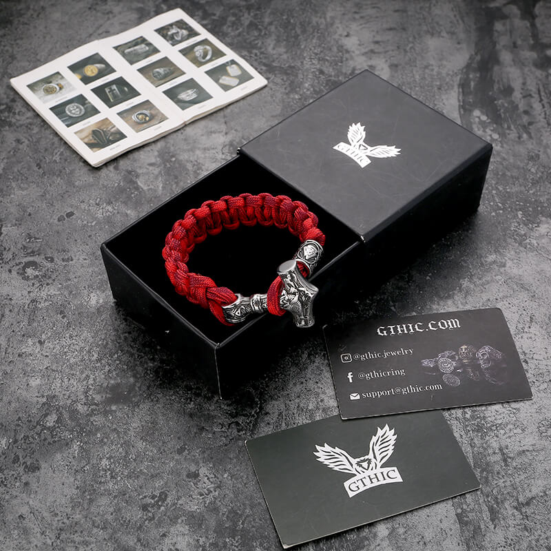 Red Thor’s Hammer Valknut Stainless Steel Paracord Bracelet