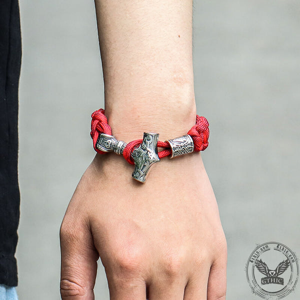 Red Thor’s Hammer Valknut Stainless Steel Paracord Bracelet