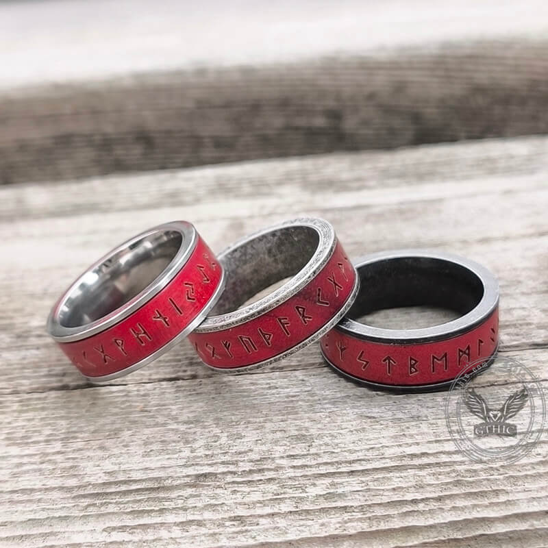 Red Wood Runes Stainless Steel Viking Ring | Gthic.com