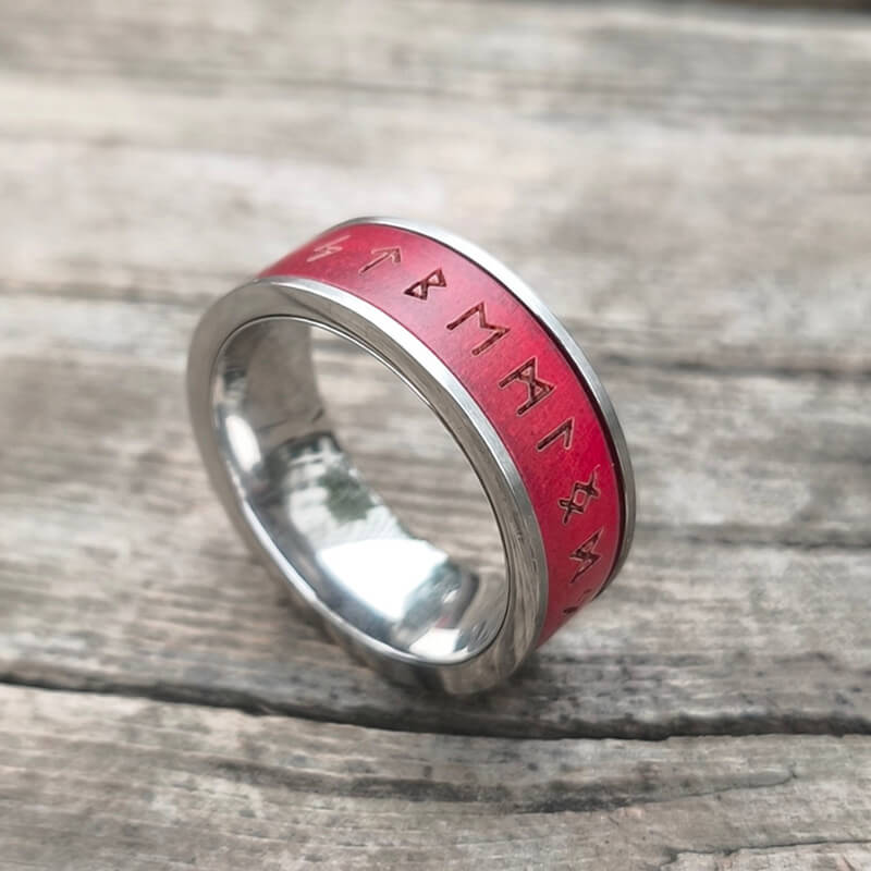 Red Wood Runes Stainless Steel Viking Ring