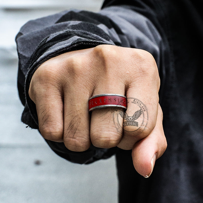 Red Wood Runes Stainless Steel Viking Ring