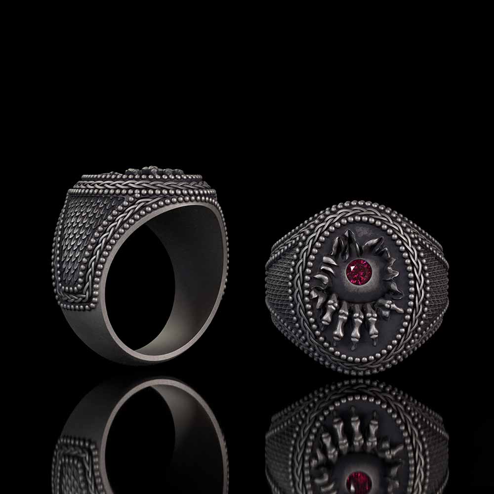 Red Zircon Eye Skull Hand Punk Sterling Silver Ring | Gthic.com