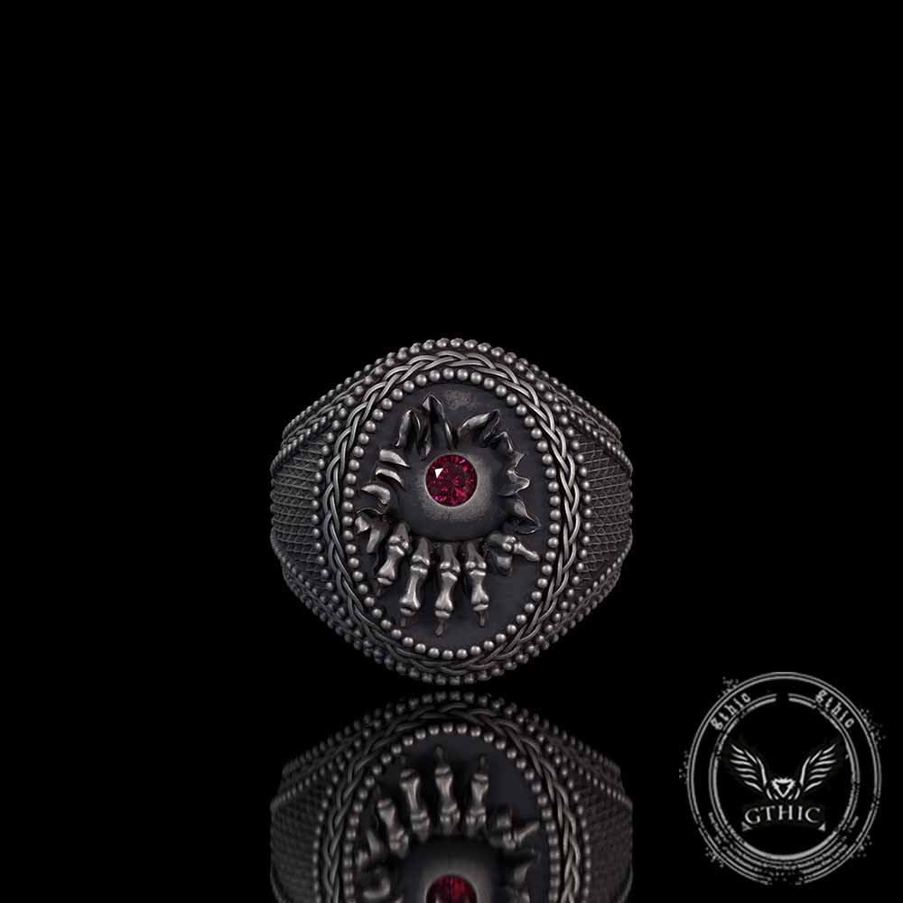 Red Zircon Eye Skull Hand Punk Sterling Silver Ring | Gthic.com