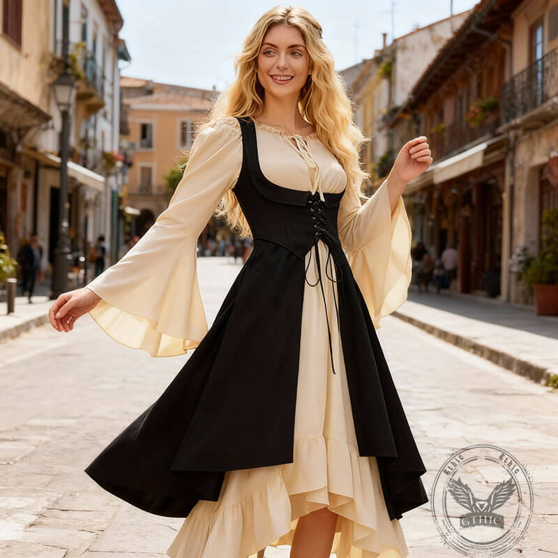 Renaissance Cinched Waist Lace-Up Colorblock Dress | Gthic.com