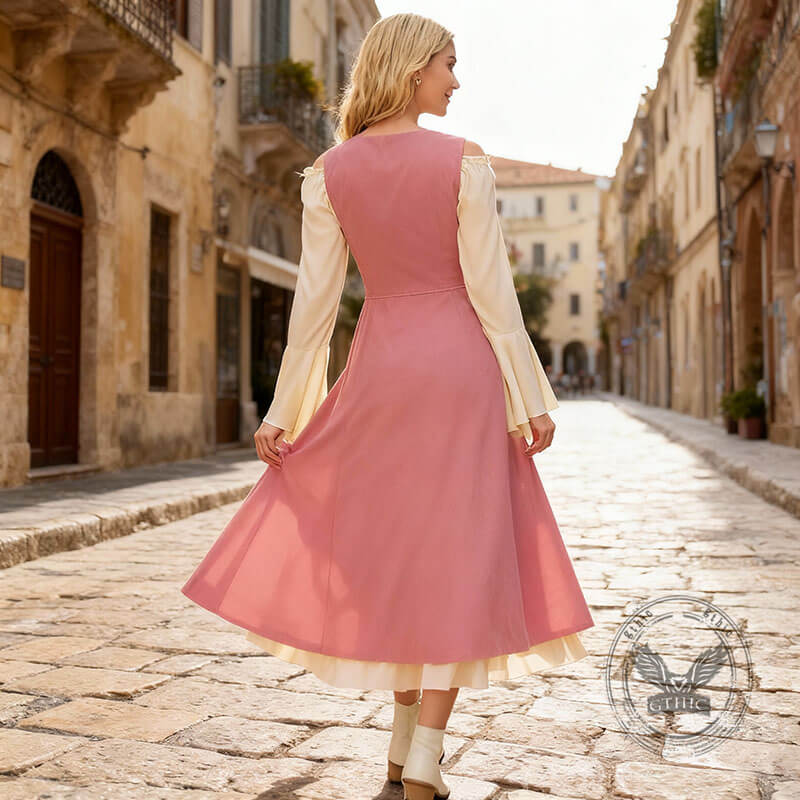 Renaissance Cinched Waist Lace-Up Colorblock Dress