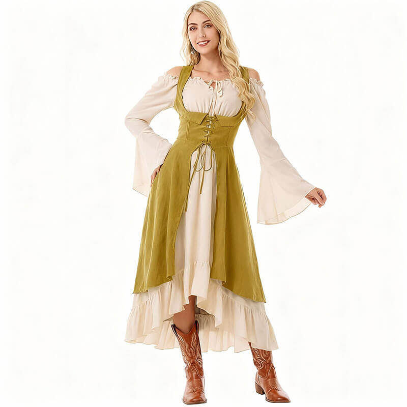 Renaissance Cinched Waist Lace-Up Colorblock Dress